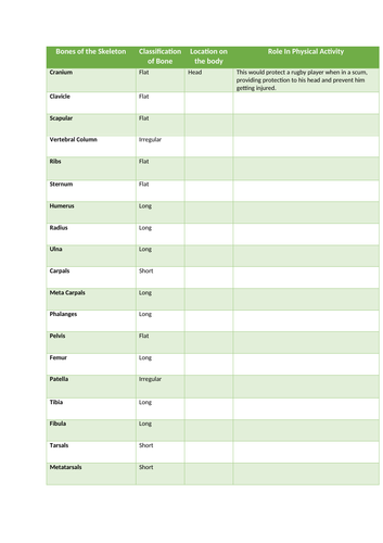 GCSE PE Classification of Bones Lesson