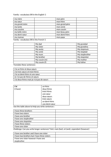 French beginner worksheet on family