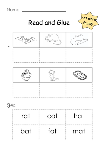 Phonics -at Word Family Read and Glue Printable | Teaching Resources