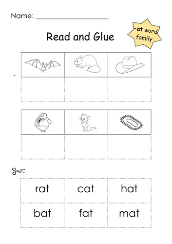 Phonics -at Word Family Read and Glue Printable