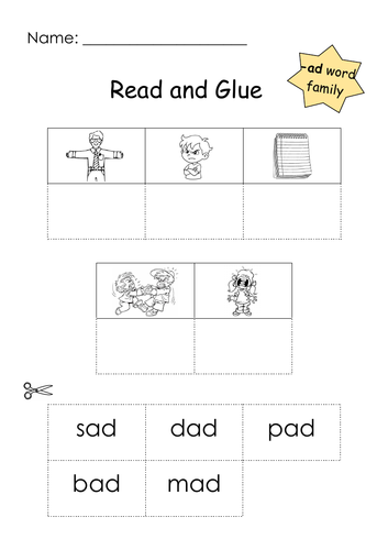 Phonics -ad Word Family Read and Glue Printable | Teaching Resources