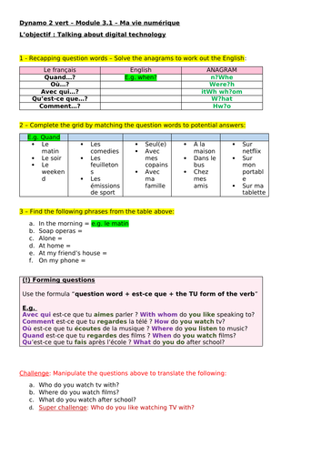 KS3 French Dynamo 2 VERT-Mod3 À loisir (leisure) -ALL UNITS - Detailed worksheets to support textboo