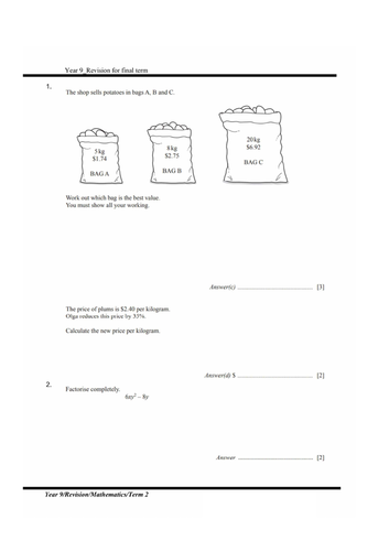 Revision 1 - Exam style questions (KS3, Year 9, Mathematics)