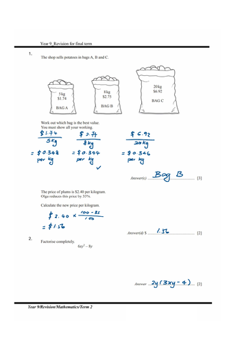 Revision - Exam style questions (KS3, Year 9, Mathematics with answer script)