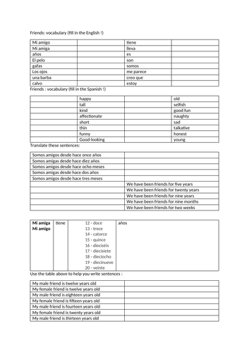 Spanish worksheet on topic of describing friends