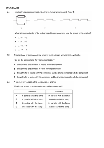 D.C Circuits, IGCSE 0625 CLASSIFIED WORKSHEET WITH ANSWERS