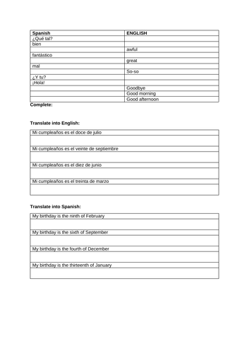 Spanish revision worksheet for beginners