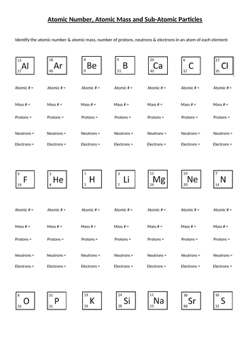 Atomic Number Mass Subatomic Particles Worksheet Revision Teaching Resources