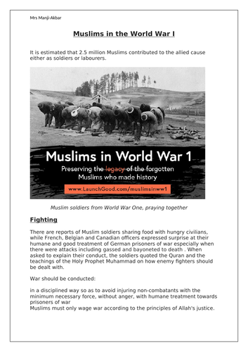 Muslims in WW1 worksheet - free!