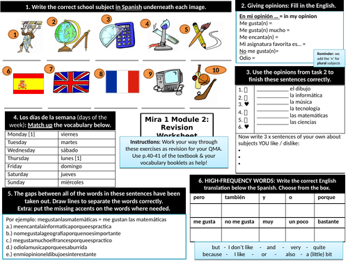 KS3 Spanish: School Revision Worksheet