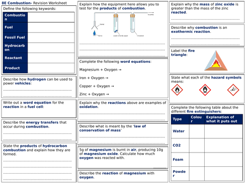 exploring science 8e revision worksheet combustion teaching resources