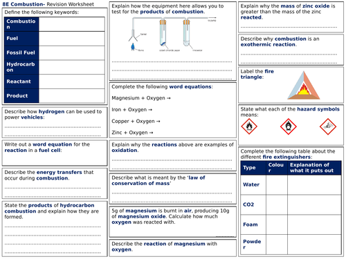 Exploring Science 8E Revision Worksheet- Combustion