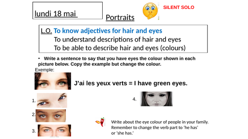 Hair and Eyes in French - full powerpoint with written tasks and listening tasks