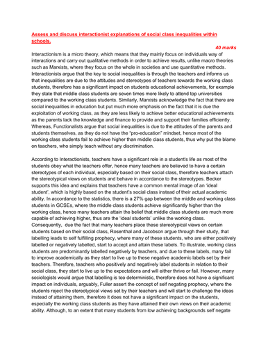 40 Marks Interactionism/ Interactionists on Social Class Inequalities