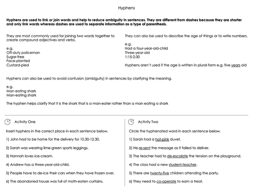 hyphens worksheet teaching resources