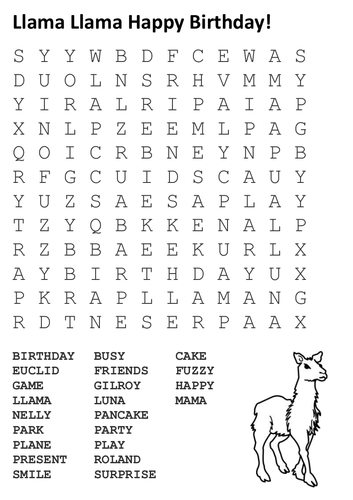 Llama Llama Happy Birthday Word Search