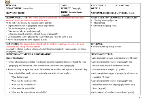 Lesson Plan on Introduction to Geography