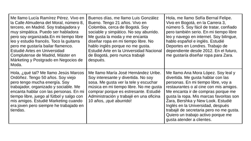 Spanish Narrow reading jobs and personality adjectives