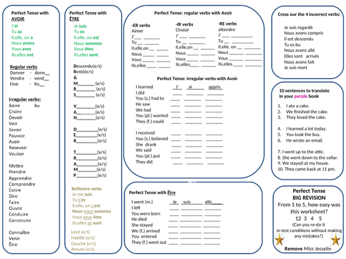 Perfect Tense in French: AVOIR and ETRE : Big Revision worksheet
