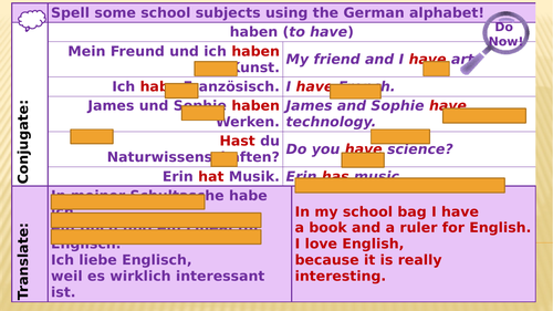 Y7 German Lesson 27 - School Subjects and Describing Timetables (with Time)