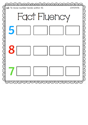 Year 1 Fact Fluency Number Bonds Within 10 Differentiated Activity