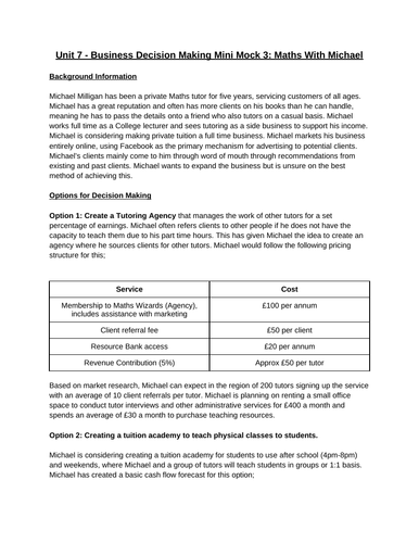 BTEC Level 3 Business Unit 7: Business Decision Making Mock Assessment (Tuition Business)