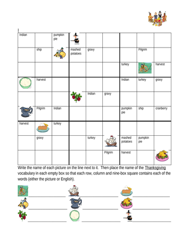 Thanksgiving In English Sudoku Teaching Resources