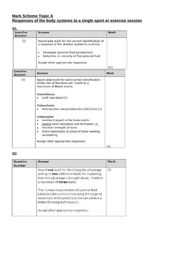 Unit 1 Exercise Physiology Topic A BTEC Exam Questions and Mark Scheme
