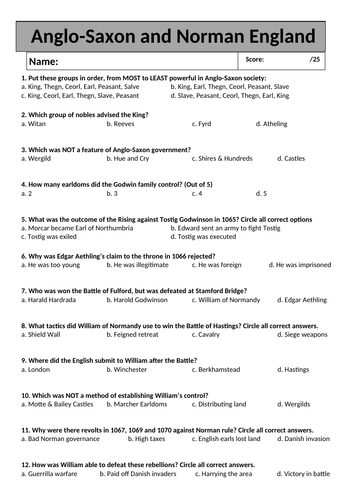 Edexcel GCSE Anglo-Saxon & Normans quiz