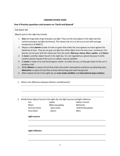 Earth and Beyond worksheet with answers