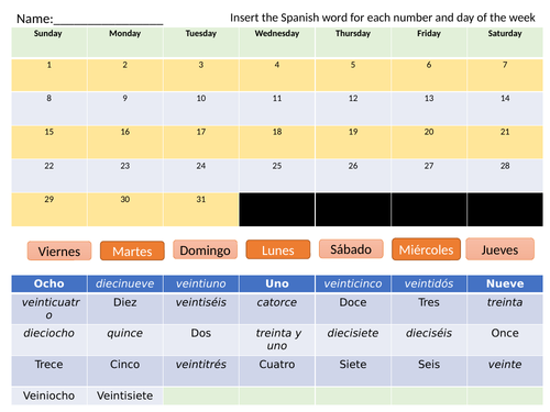 Spanish Days of the week and numbers 1 to 31