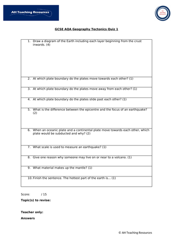 AQA GCSE Geography Tectonics Quiz