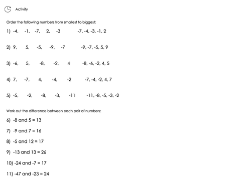 Year 6 Negative Numbers Activity