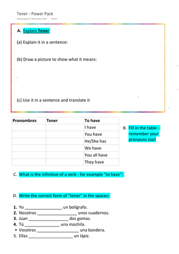 Tener Present Tense Worksheet