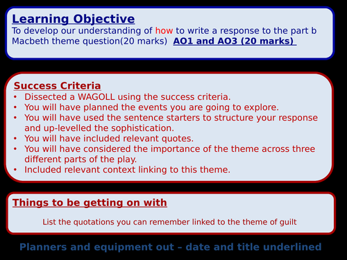 'Outstanding' Walking Talking Mock and WAGOLL (exemplar with success criteria) for Macbeth theme