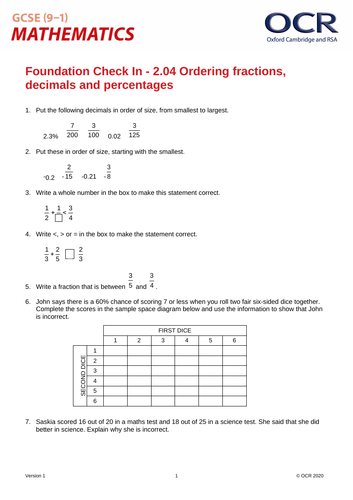 OCR Maths: Foundation GCSE - Check In Test 2.04 Ordering fractions, decimals and percentages
