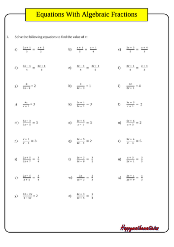 Over 100 Equations with Algebraic Fractions - With Answers | Teaching