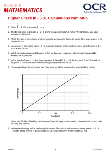 OCR Maths: Higher GCSE - Check In Test 5.01 Calculations with ratio