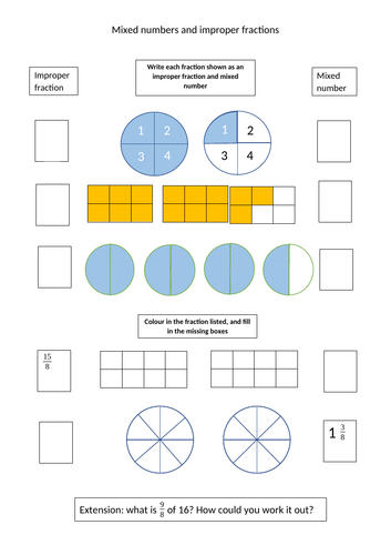 improper fractions mixed numbers worksheet teaching resources