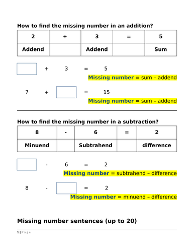 Year 1&2 - Find the missing number