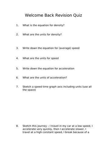 Welcome Back Quiz - Year 2 Physics