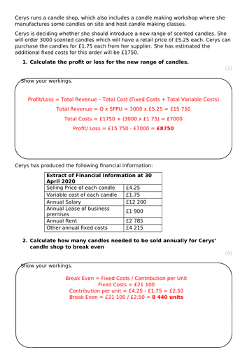 L3 BTEC Business (2016 Spec) Unit 3 Calculation Mini Mocks