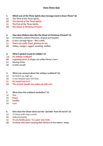 A Christmas Carol Stave 3 Quiz and Answers worksheet