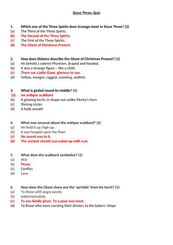 A Christmas Carol Stave 3 Quiz and Answers worksheet | Teaching Resources