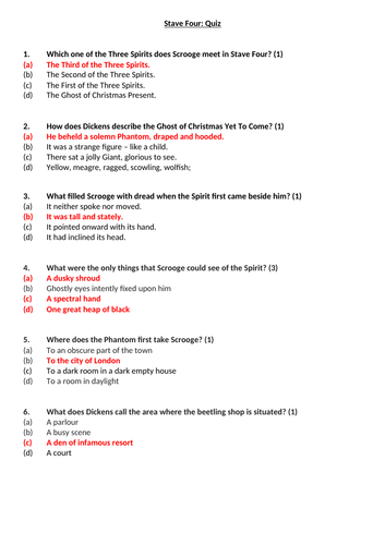 A Christmas Carol Stave 4 Quiz and Answers worksheet