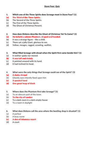 A Christmas Carol Stave 4 Quiz and Answers worksheet | Teaching Resources