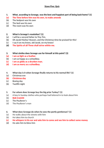 A Christmas Carol Stave 5 Quiz and Answers worksheet