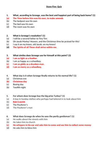 A Christmas Carol Stave 5 Quiz and Answers worksheet | Teaching Resources