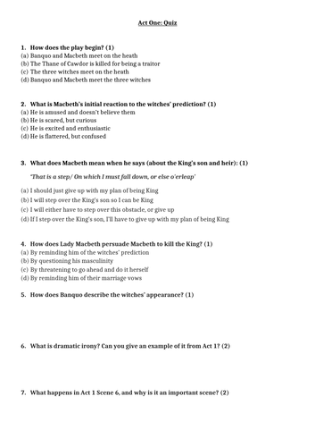 Macbeth Act 1 Quiz And Answers Worksheet Teaching Resources