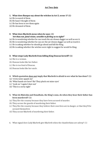 Macbeth Act 2 Quiz and Answers worksheet